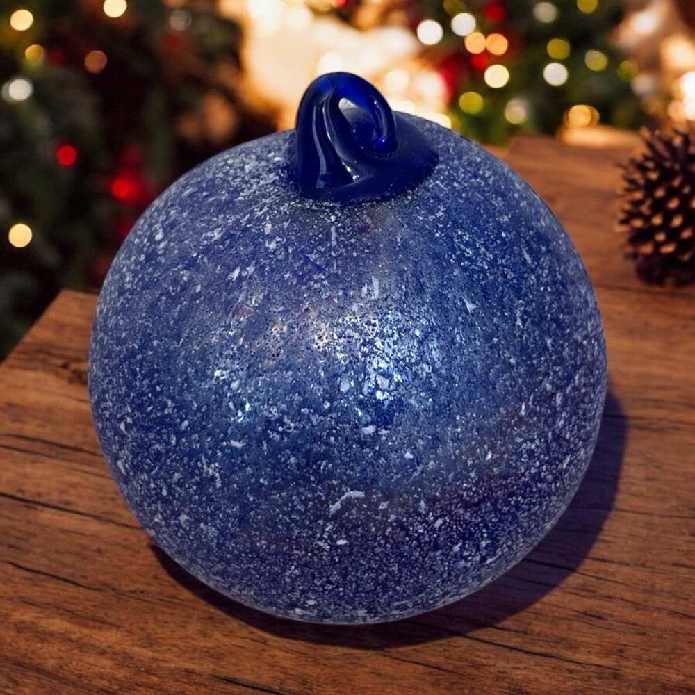 Crate & Barrel Colbalt Blue Frosted Hand Blown Art Glass Ball Ornament Decor